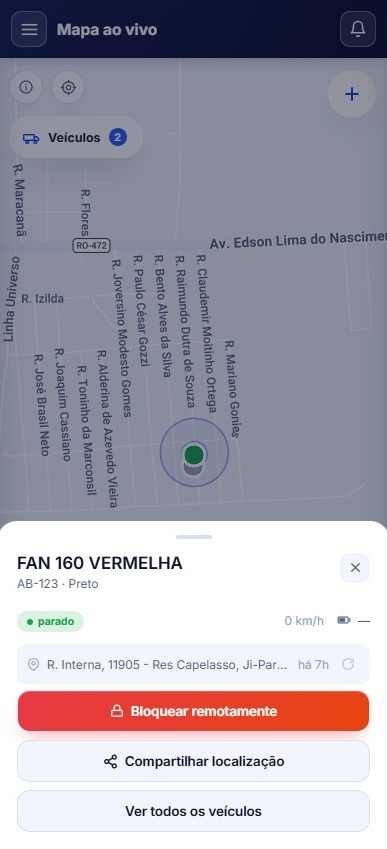 Tela do aplicativo Trakker mostrando o mapa ao vivo e o botão Bloquear remotamente